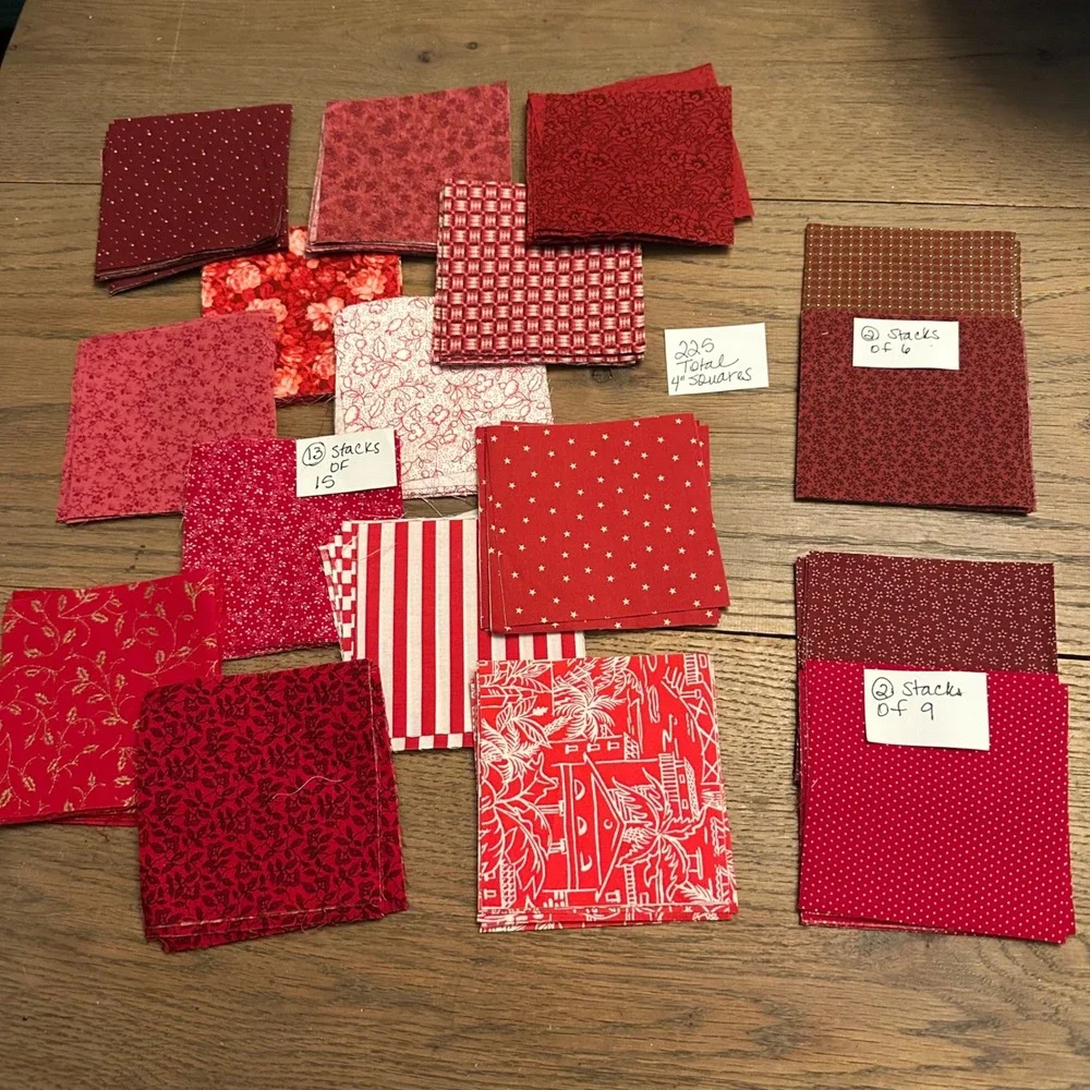 225 Red Burgundy 4 Inch Quilt Squares Fabric Scraps Lot Floral Stars Dots Stripe